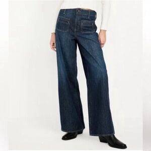 Old Navy High Rise Baggy Wide Leg Jeans 12 Tall Dark Wash Trousers NWT Square